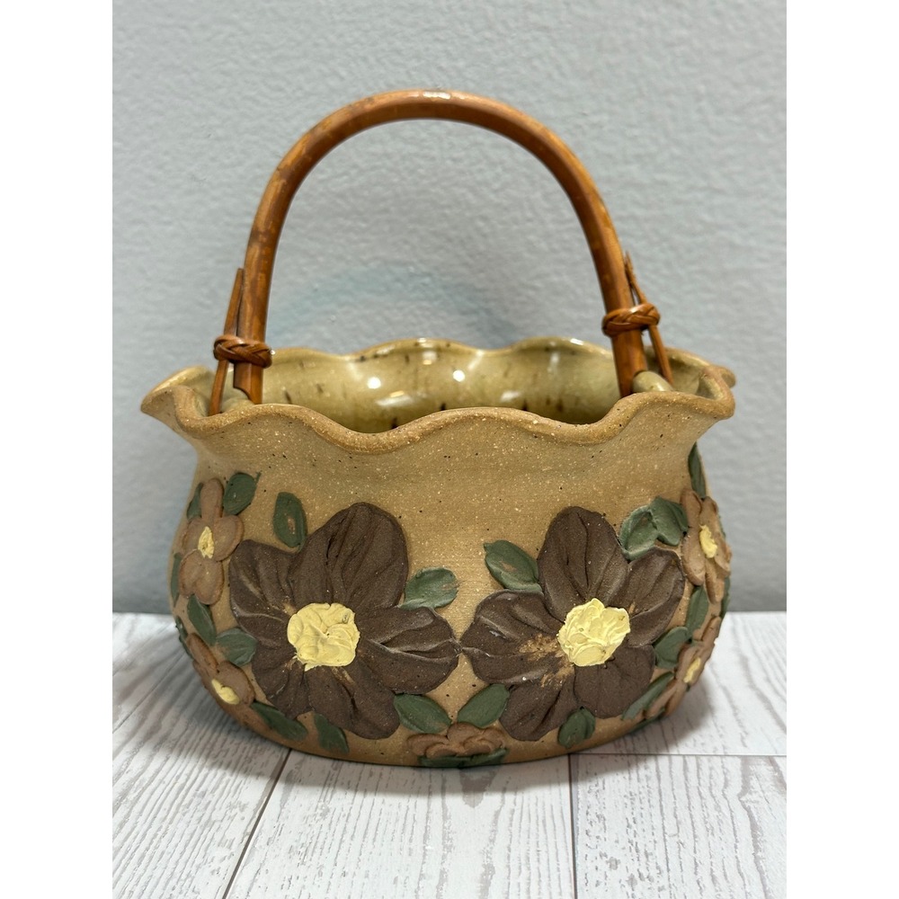 Witch Craft Studio Pottery Basket Stoneware Applied Flowers Wood Handle Vintage